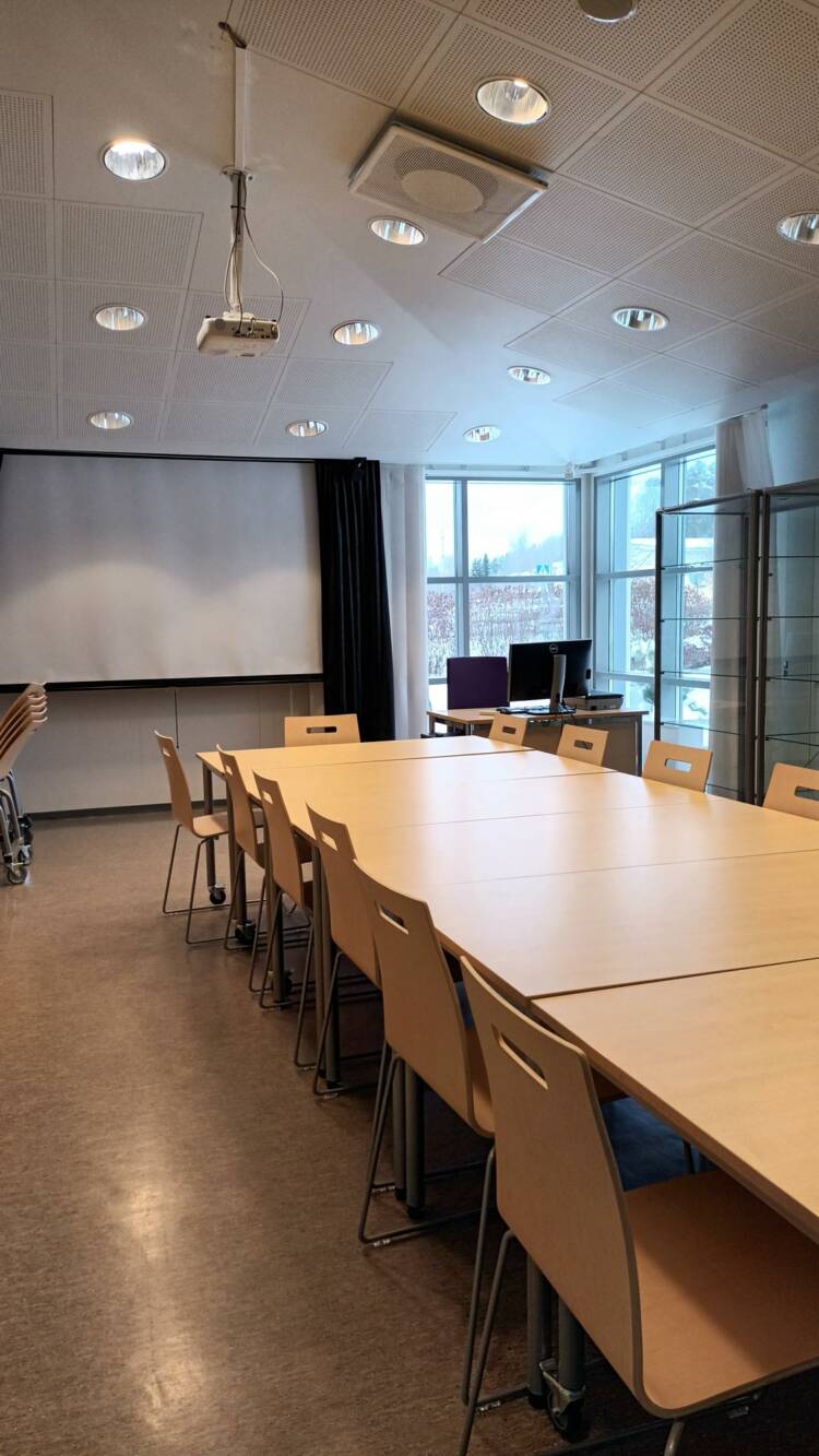 kirjaston kokoustila, jossa näkyy iso kokouspöytä, tietokone ja valkokangas