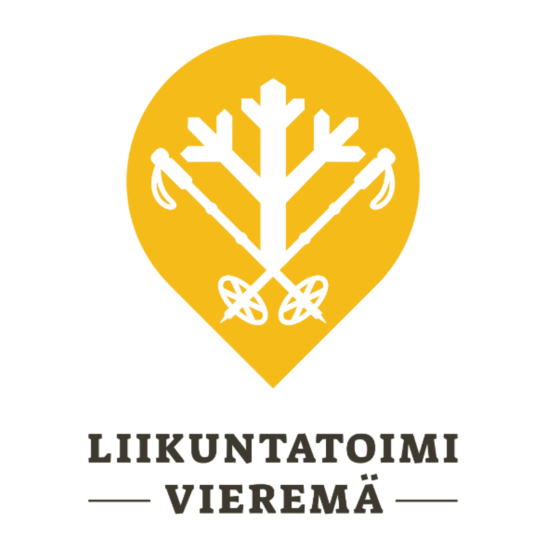 liikuntatoimen logo. keltainen pisara jossa mänty ja ristissä olevat sauvat. Teksti Liikuntatoimi Vieremä