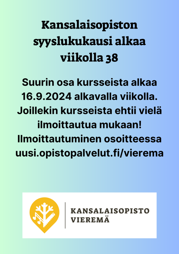 Kansalaisopiston syyslukukausi 2024 alkaa viikolla 38