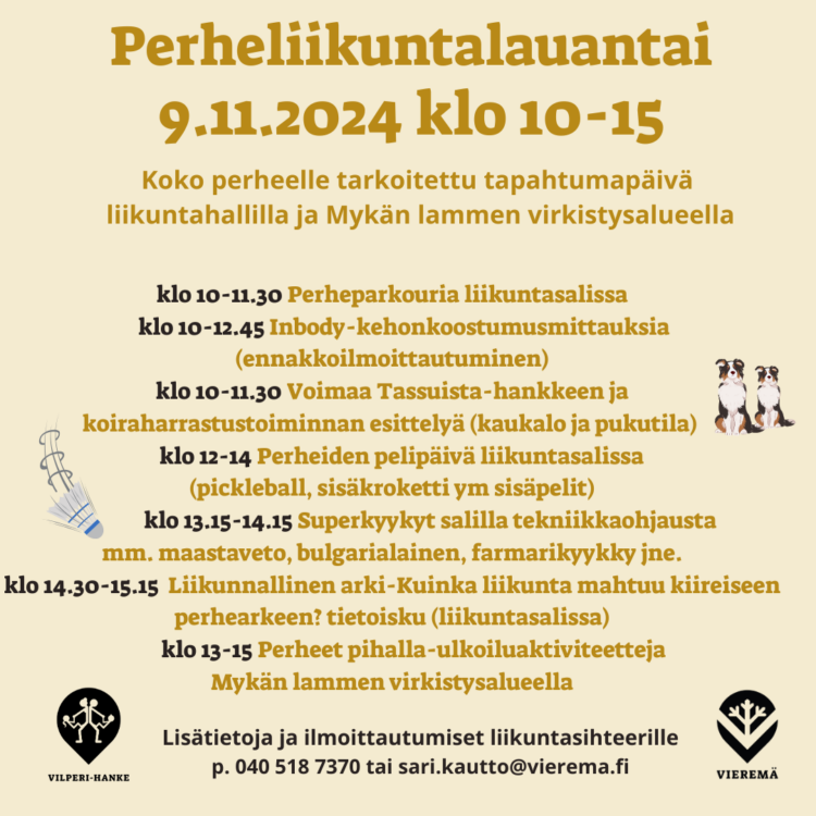 Perheliikuntalauantain ohjelmaa 9.11. klo 10-15