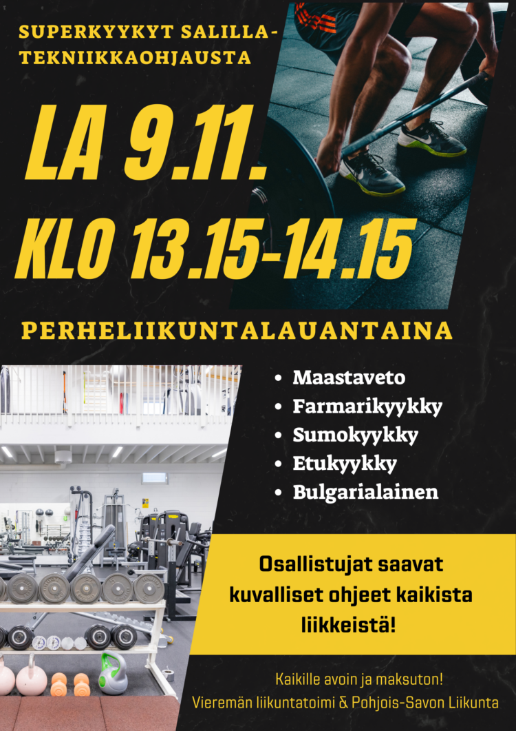 Kyykkytekniikoiden ohjausta kuntosalilla lauantaina 9.11. klo 13.15-14.15