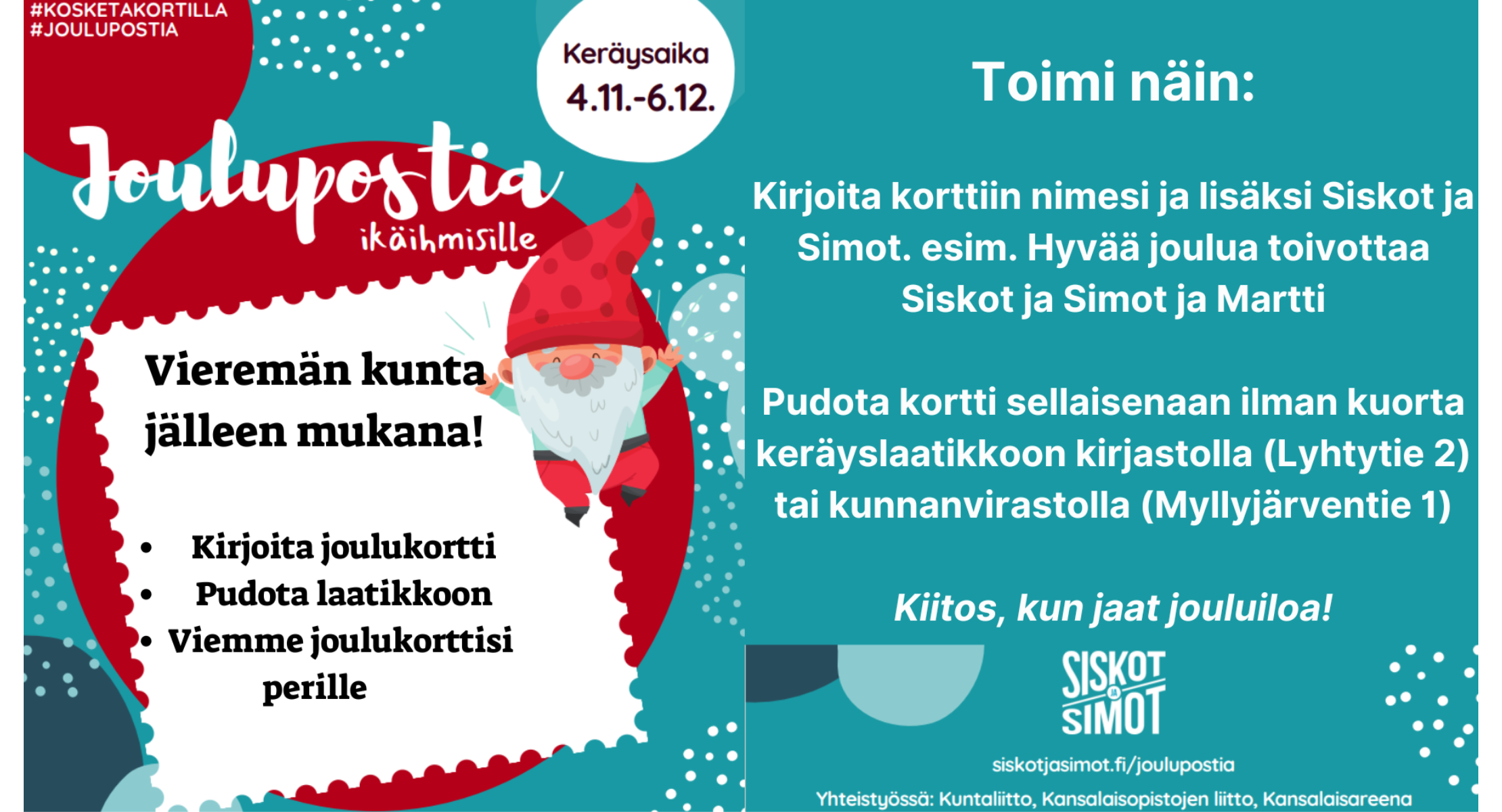 Joulupostia ikäihmisille. Keräysaika 4.11.-6.12.