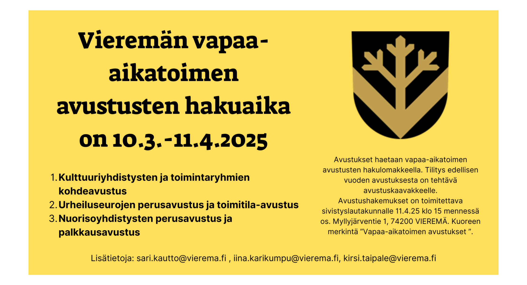 Vapaa-aikatoimen avustusten hakuaika on 10.3.-11.4.2025