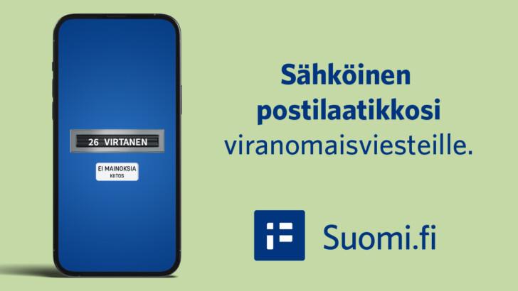 Kuvassa lukee sähköinen postilaatikkosi viranomaisviesteille. Kuvassa on matkapuhelin, jonka taustakuvana on ovi ja postiluukku.