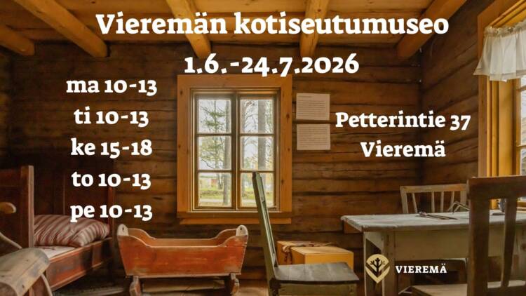 Vieremän kotiseutumuseon aukioloajat 1.6.-24.7.2026.