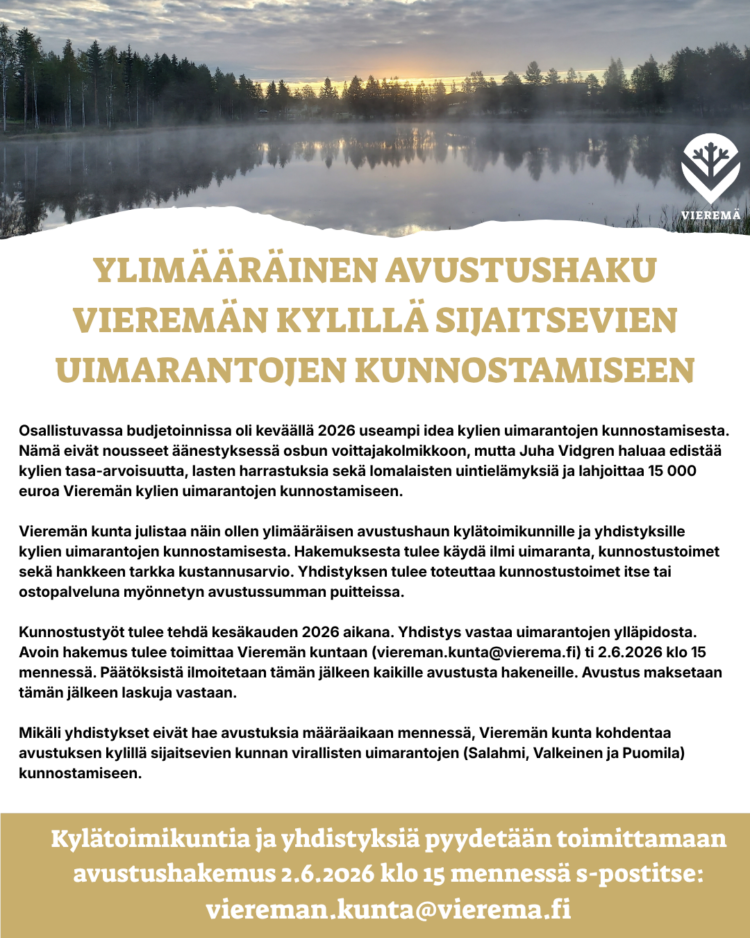 Ylimääräinen avustushaku vieremän kylillä sijaitsevien uimarantojen kunnostamiseen.