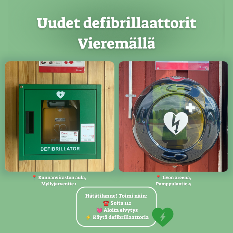 Kuva defibrillaattorista kunnanviraston aulassa ja Iivon Areenan ulkoseinässä