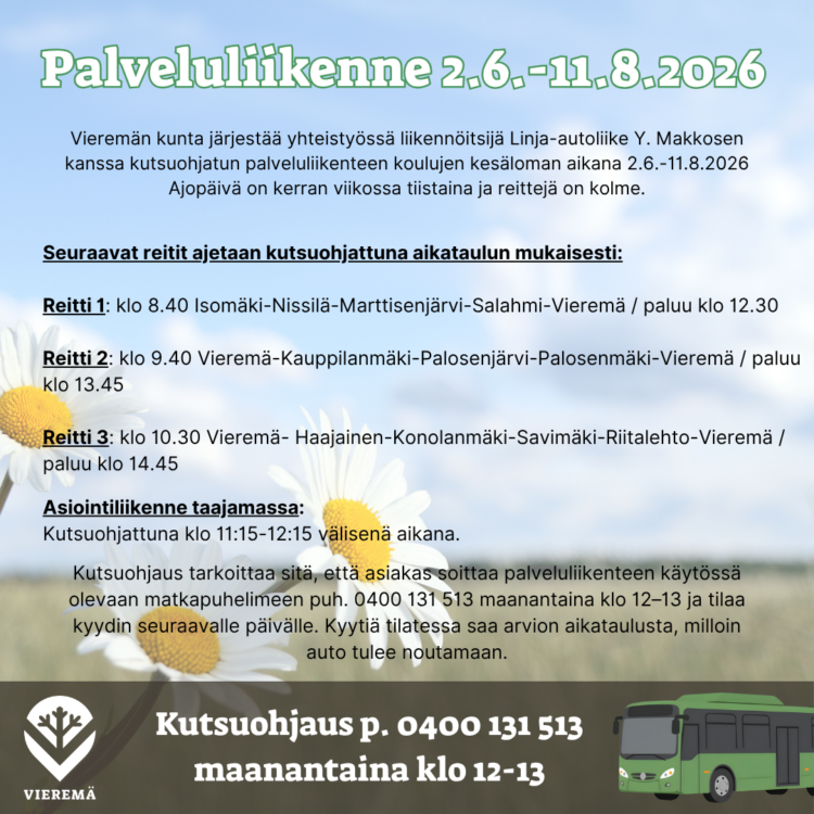 Palveluliikenne mainos, jossa samat tiedot kuin tekstissä.
